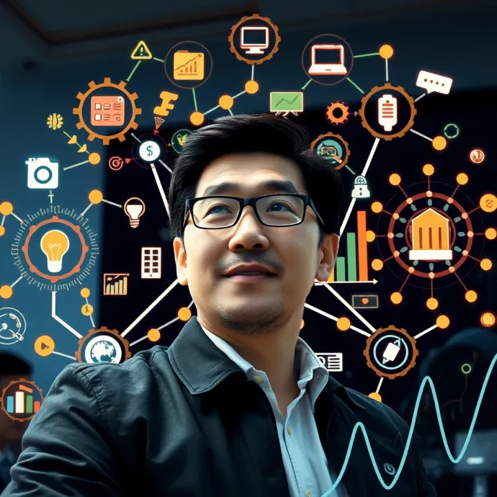 Innovative Contributions and Influence of Ben Zhou Conceptual illustration of innovative ideas and contributions symbolized by interconnected technology icons and dynamic growth charts