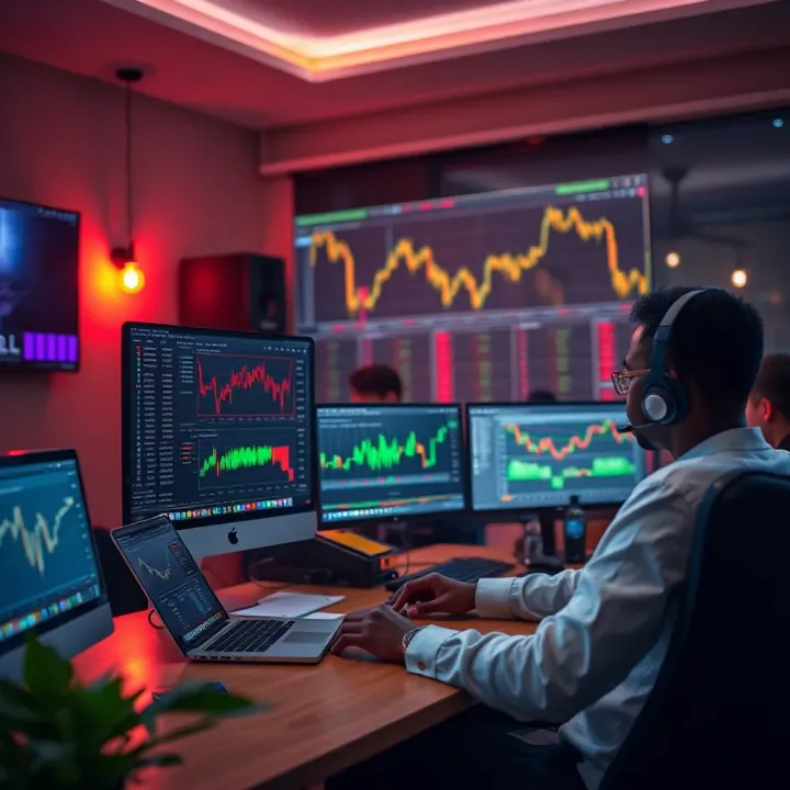 Illustration of a trader's desk setup with backup power options and stable internet connection for reliable forex trading in Nigeria