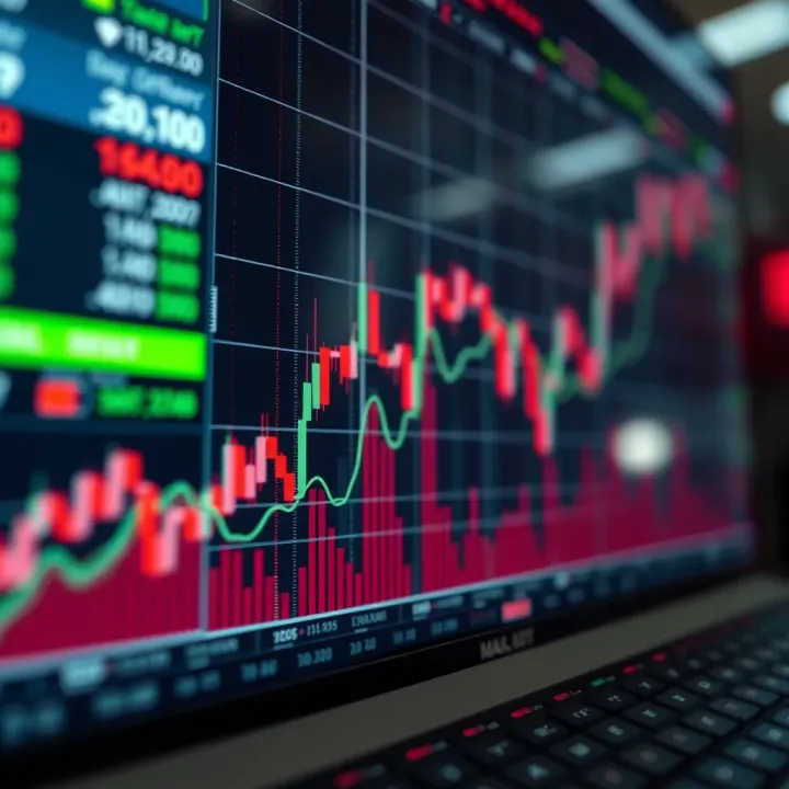 Graph showing rising and falling financial asset values with trading indicators