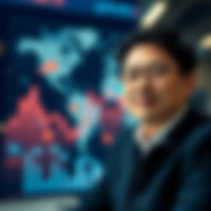 Portrait of Ben Zhou illustrating a professional setting with digital graphs and global network symbols in the background