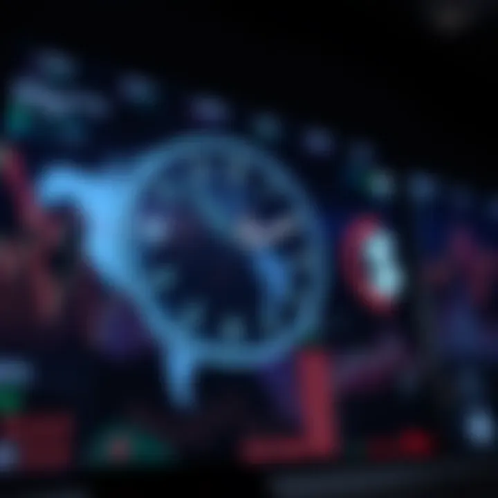 Conceptual graphic of flexible trading hours with clock icons and global currency symbols