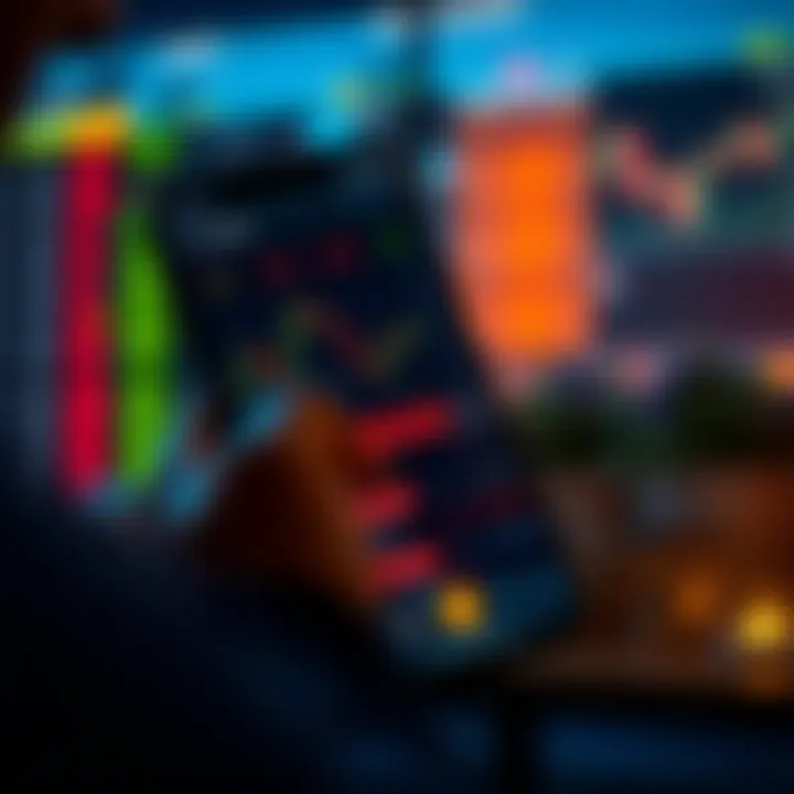 User interacting with a mobile trading application displaying market charts and trading options