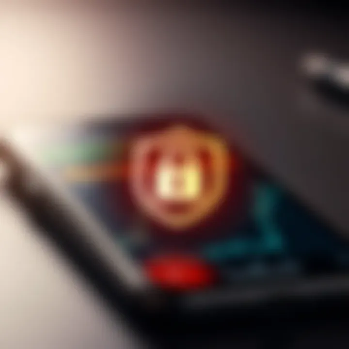 Security shield icon with digital padlock overlaid on a smartphone screen symbolizing secure trading