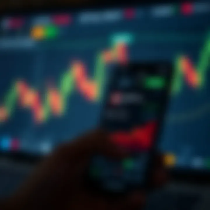 Mobile phone displaying forex signal notifications and trading chart with currency symbols