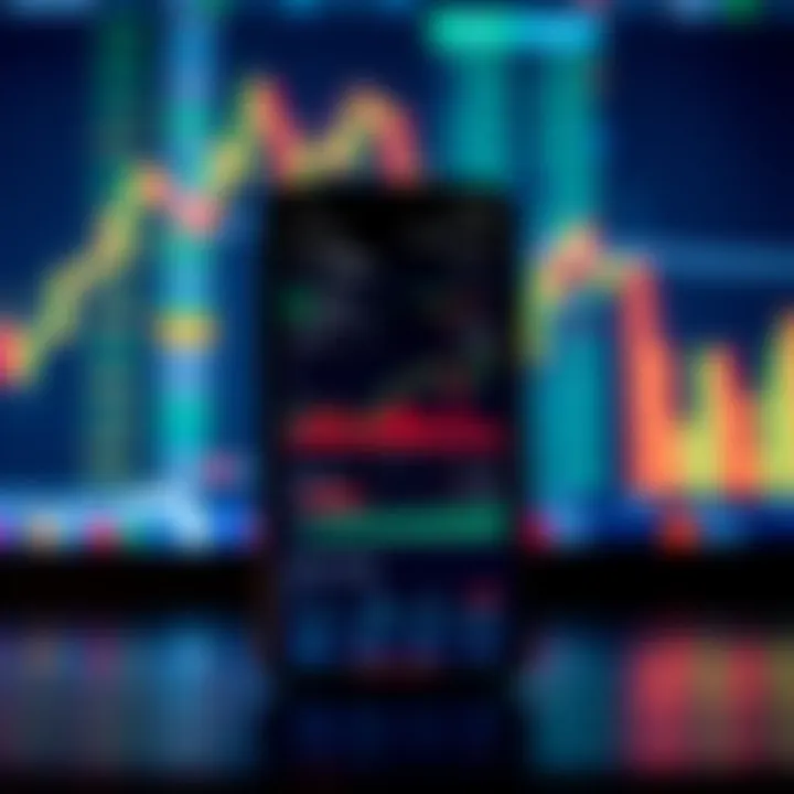 Mobile phone displaying a trading application interface with charts and real-time market data