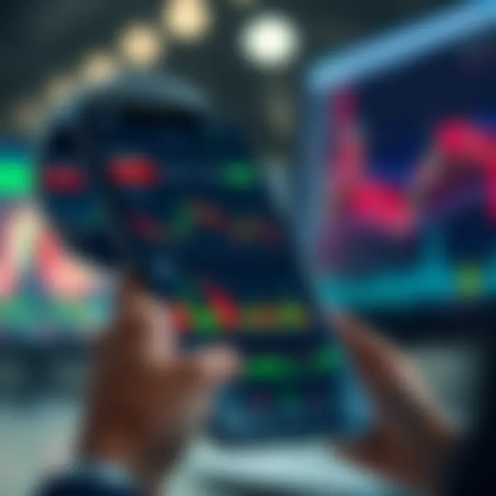 Mobile phone displaying a financial trading app interface with charts and market data