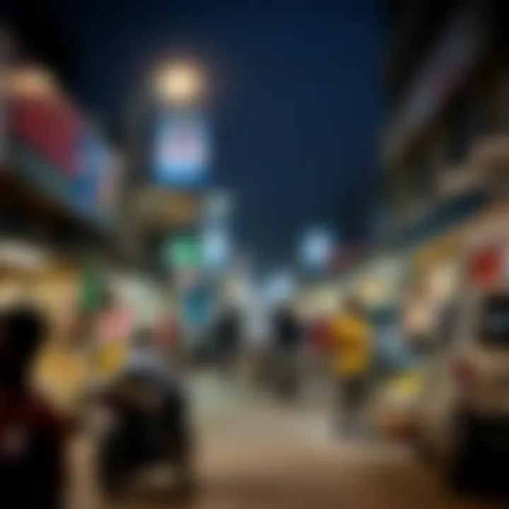 A busy Nigerian city street featuring various small businesses and informal trading under vibrant city lights