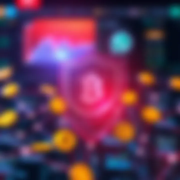 Illustration of digital shield protecting cryptocurrency symbols connected through network nodes