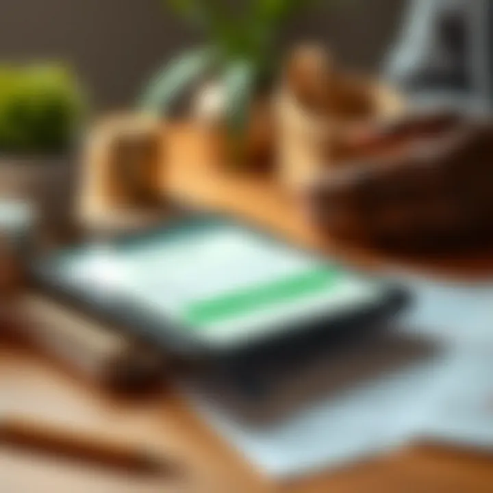 A close-up view of a small business setup with financial documents and a mobile device displaying loan application status