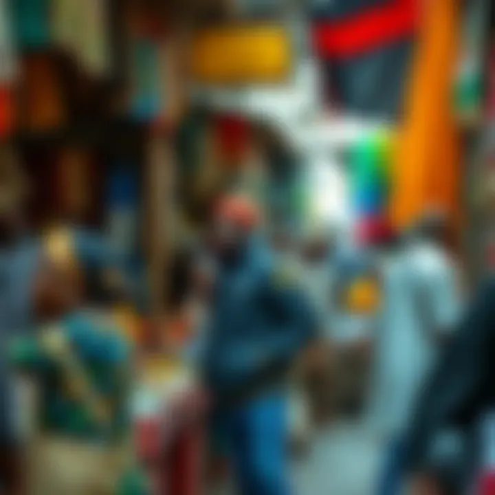 Bustling market scene with traders engaging in lively exchanges amid an array of goods and vibrant surroundings