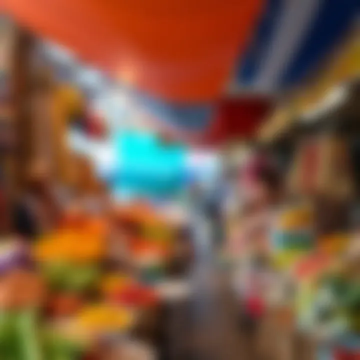 Colorful stalls showcasing a variety of fresh produce and handmade crafts at a lively market