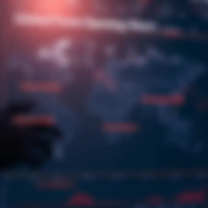 World map illustrating major forex market locations with time zones highlighted to show their opening hours