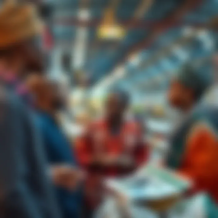 Illustration of diverse Nigerian traders discussing funding options and business growth strategies in a marketplace setting