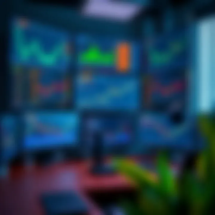 Digital workspace featuring multiple devices displaying crypto trading platforms and analytics
