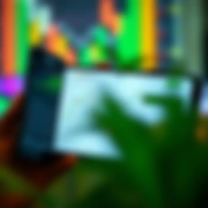 Mobile phone displaying IQ Option trading dashboard with charts and options for trading