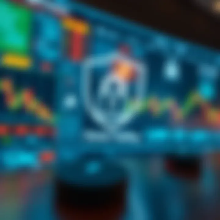 Conceptual representation of secure online trading with regulatory compliance symbols