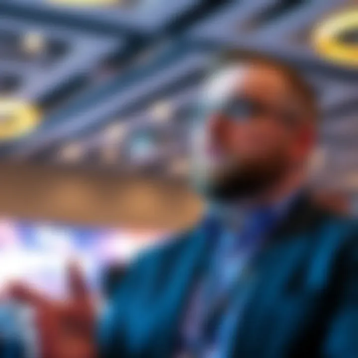 Portrait of Ivan on Tech speaking at a blockchain conference with digital crypto symbols in the background
