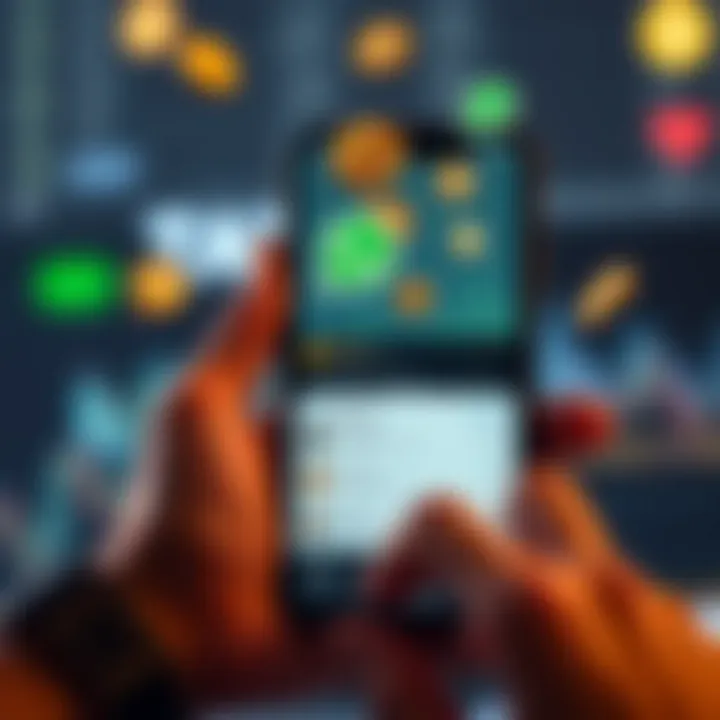 Smartphone displaying a Binance WhatsApp group chat with cryptocurrency icons floating around