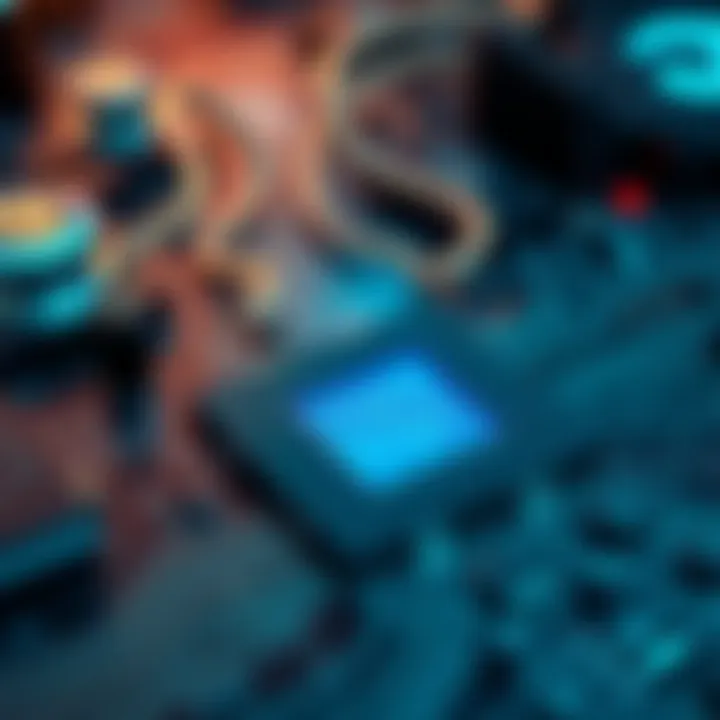 Conceptual illustration of binary code flowing through a computer chip with software and hardware elements