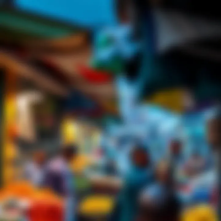 Colorful market stalls displaying various goods under bright canopies in a Nigerian open marketplace