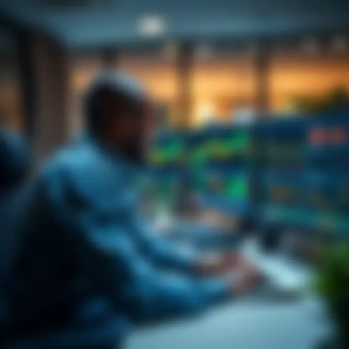 Nigerian trader analyzing stock charts on multiple screens in a modern home office environment