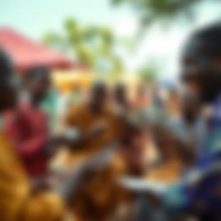 Group of Nigerians happily exchanging money during a communal savings meeting in a vibrant outdoor setting