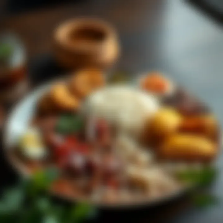 A vibrant plate featuring rice, beans, fried plantains, and assorted Nigerian sauces