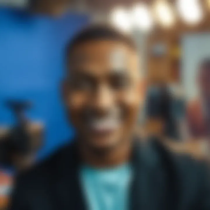 Portrait of Uche Paragon smiling confidently in a film set environment