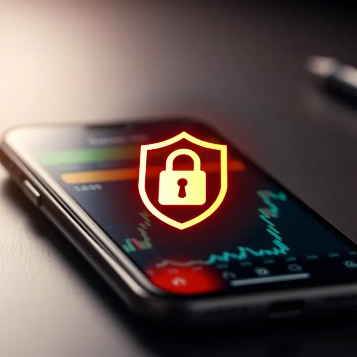 Security shield icon with digital padlock overlaid on a smartphone screen symbolizing secure trading