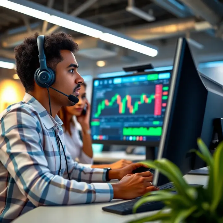 Customer support team assisting traders with inquiries on a computer screen