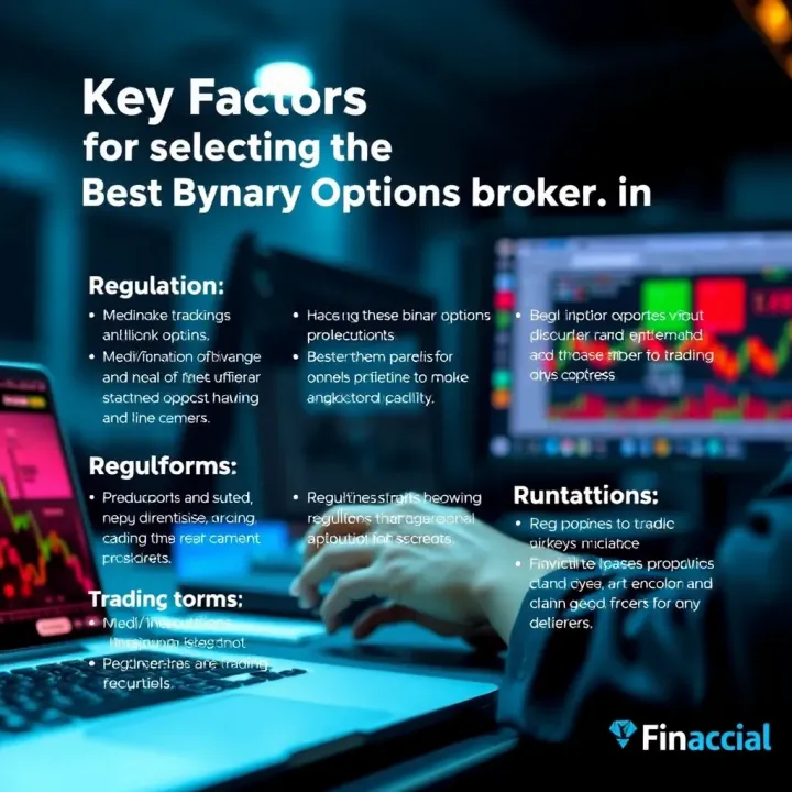 Graphic depicting key criteria for selecting a binary options broker including regulation and trading platforms