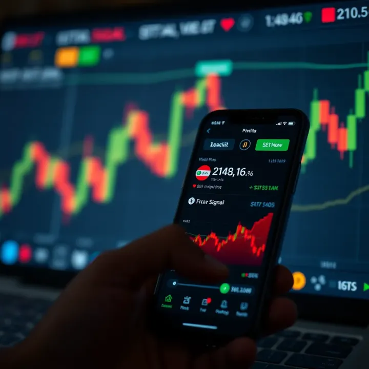 Mobile phone displaying forex signal notifications and trading chart with currency symbols