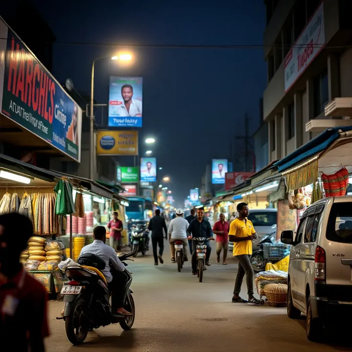 A busy Nigerian city street featuring various small businesses and informal trading under vibrant city lights
