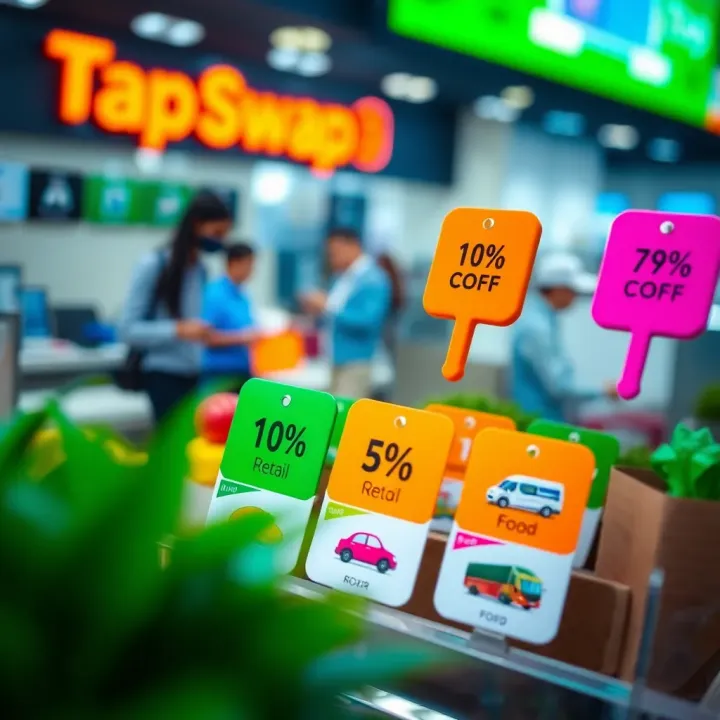 Colorful icons representing retail, transportation, and food sectors with discount tags