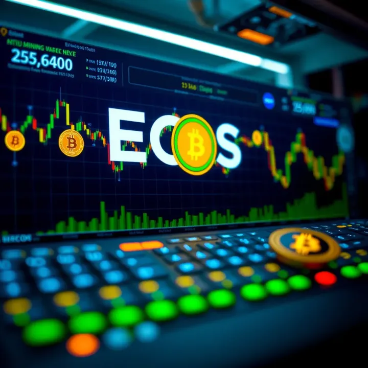 Illustration showing a cloud mining platform interface with cryptocurrency symbols and digital graphs representing mining activity