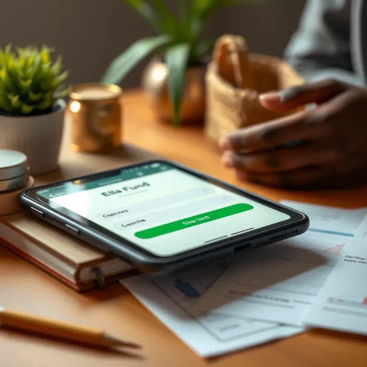 A close-up view of a small business setup with financial documents and a mobile device displaying loan application status