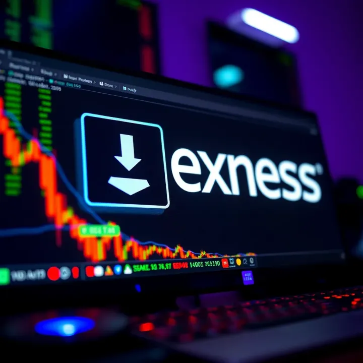 Illustration of a desktop computer with download icon and Exness logo, symbolizing software installation