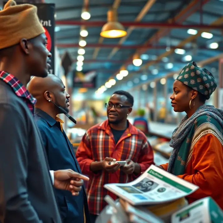 Illustration of diverse Nigerian traders discussing funding options and business growth strategies in a marketplace setting