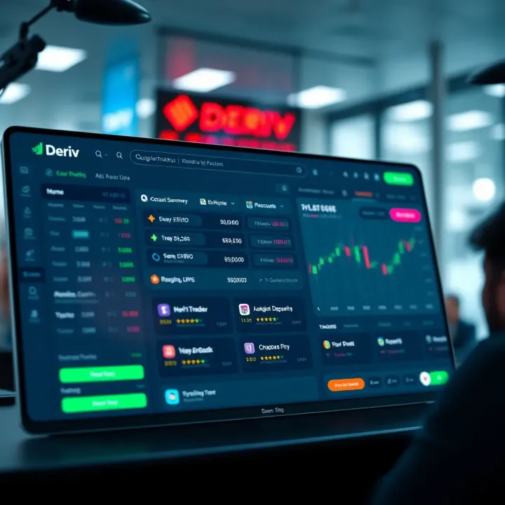 Dashboard view of Deriv trading platform displaying account summary, navigation menu, and key trading features post-login