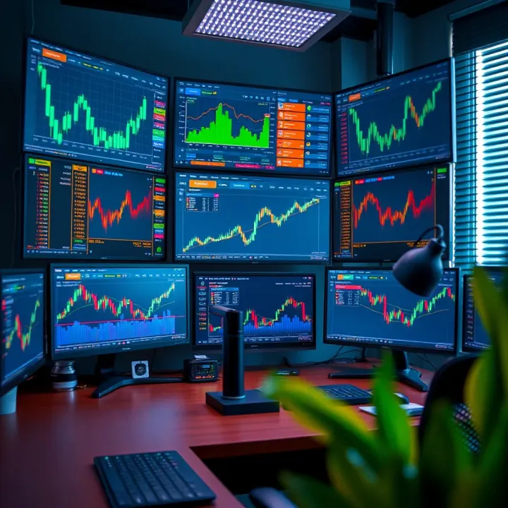 Digital workspace featuring multiple devices displaying crypto trading platforms and analytics