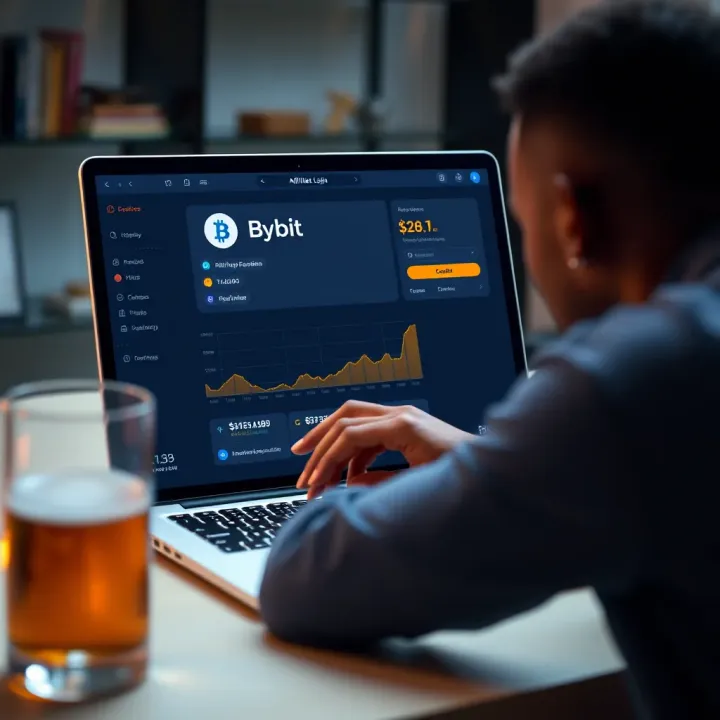 User accessing Bybit affiliate portal on a laptop with earnings graph
