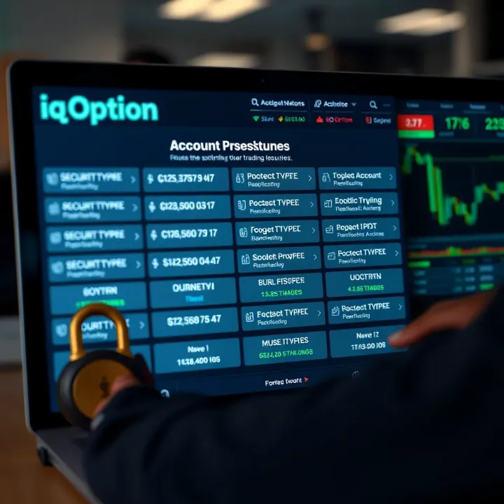 Account Types and Security Features of IQ Option Selection of different account types and security features offered by an online trading platform