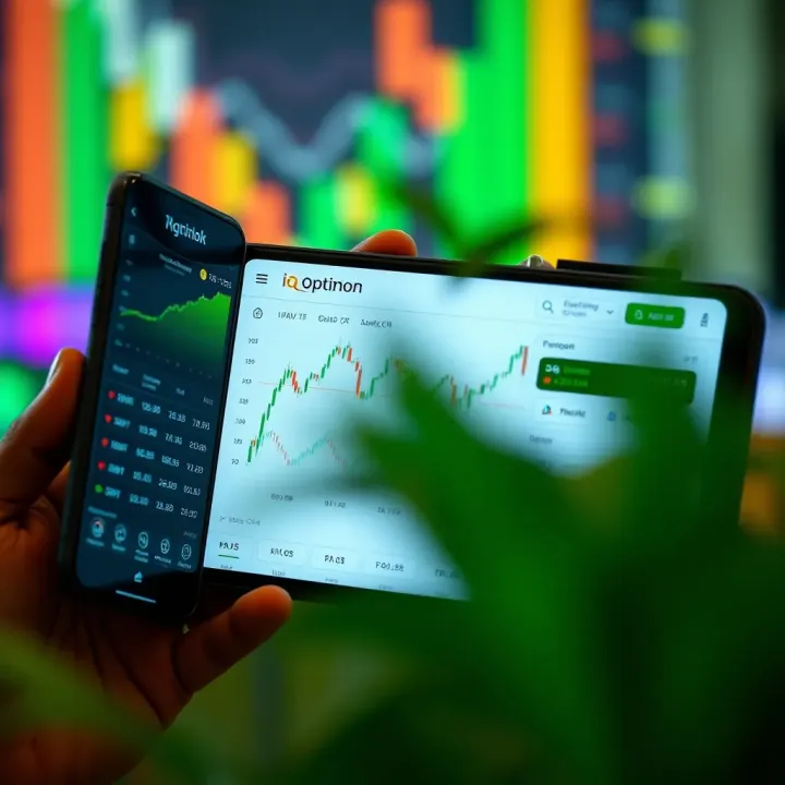 Mobile phone displaying IQ Option trading dashboard with charts and options for trading
