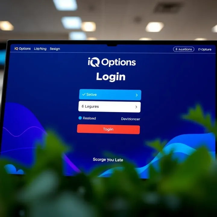 User interface displaying IQ Options login screen with input fields and secure access features