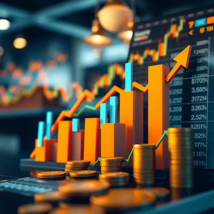 Graphical representation of trading benefits and bonus usage with upward trend charts and financial icons