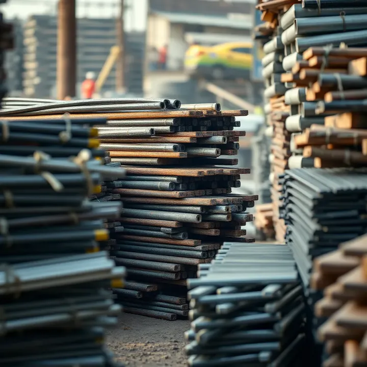 Stacks of various metals including steel and aluminium stored in a Nigerian market