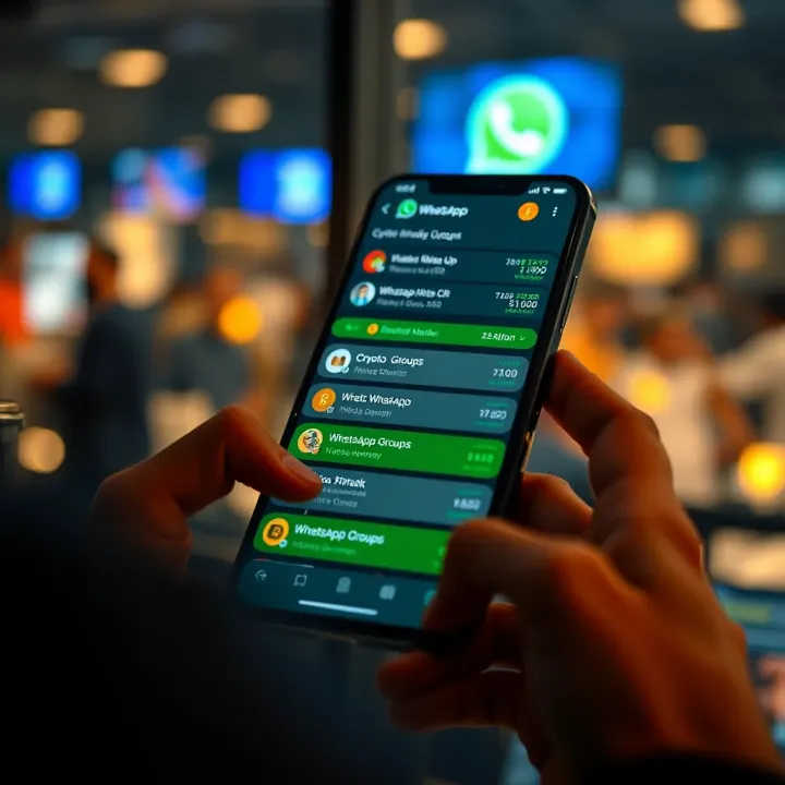 Smartphone displaying a WhatsApp chat filled with cryptocurrency discussions and market updates