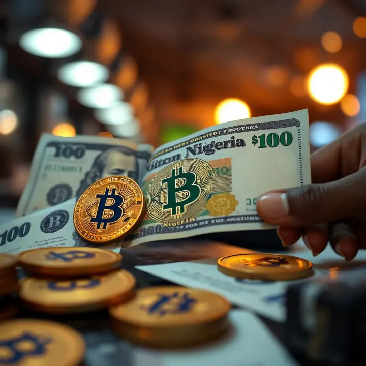 Conceptual graphic of Nigerian currency exchange transitioning into Bitcoin tokens