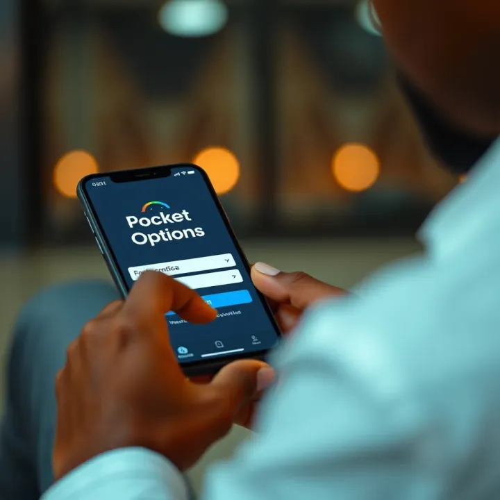 User entering login credentials on a mobile device to access Pocket Options trading platform