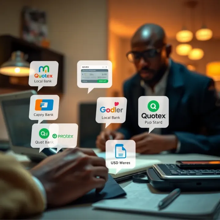 Illustration of various payment methods including local bank and USSD transfers for Quotex affiliates in Nigeria
